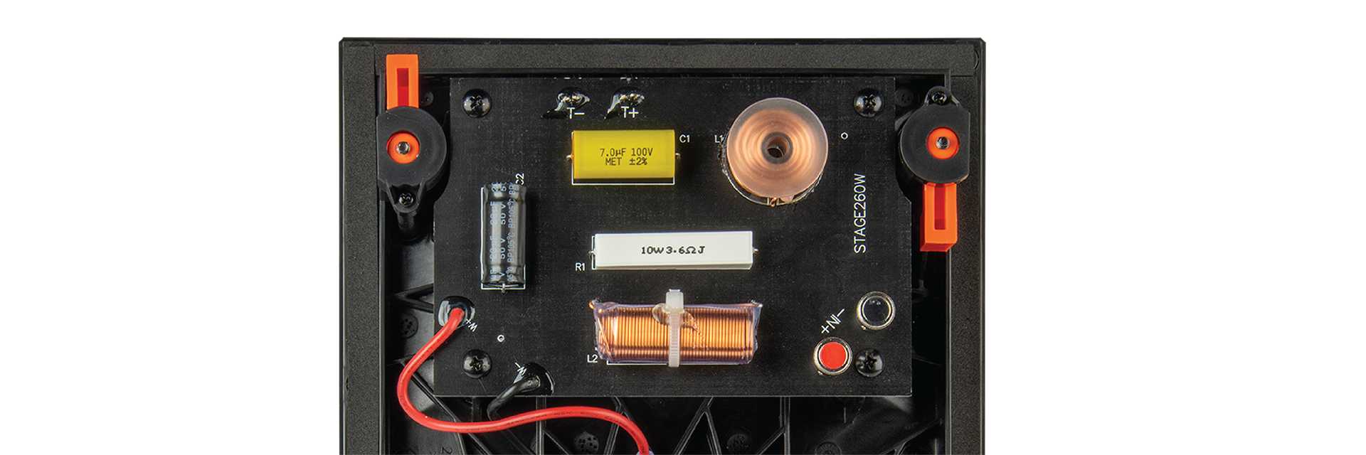 Premium air-core inductors and mylar cap capacitor crossover network components ensure that sound remains dynamic at all listening levels.